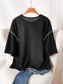 CosyJoli Áo thun nữ cỡ lớn cổ tròn, tay ngắn, chất liệu gân, kiểu dáng thường ngày. - màu đen - Xem 2