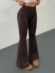 SHEIN PETITE Women's High Waist Elastic Yoga Pants, Slimming Fitness Leggings Flared Leggings Brown Pants For Women Bell Bottom Pants Pants Flare Leg Flared Brown Pants,Spring Summer Outfits Dark Brown Flared Pants Womens Flared Trousers
