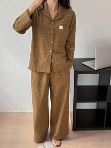 DAZY 蝴蝶结装饰，碎花纯色拼接女士睡衣套装 - 卡其色 - 查看 10