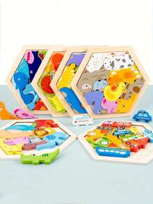 1件装木制创意3D拼图积木，包含交通、动物和水果图案，兼具认知和拼图功能，创意主题卡通叠叠乐玩具 - 彩色 - 查看 1