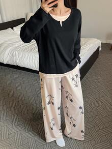 DAZY Women's Contrast Color Patchwork Knit Top & Allover Print Pajama Set - Black - View 3