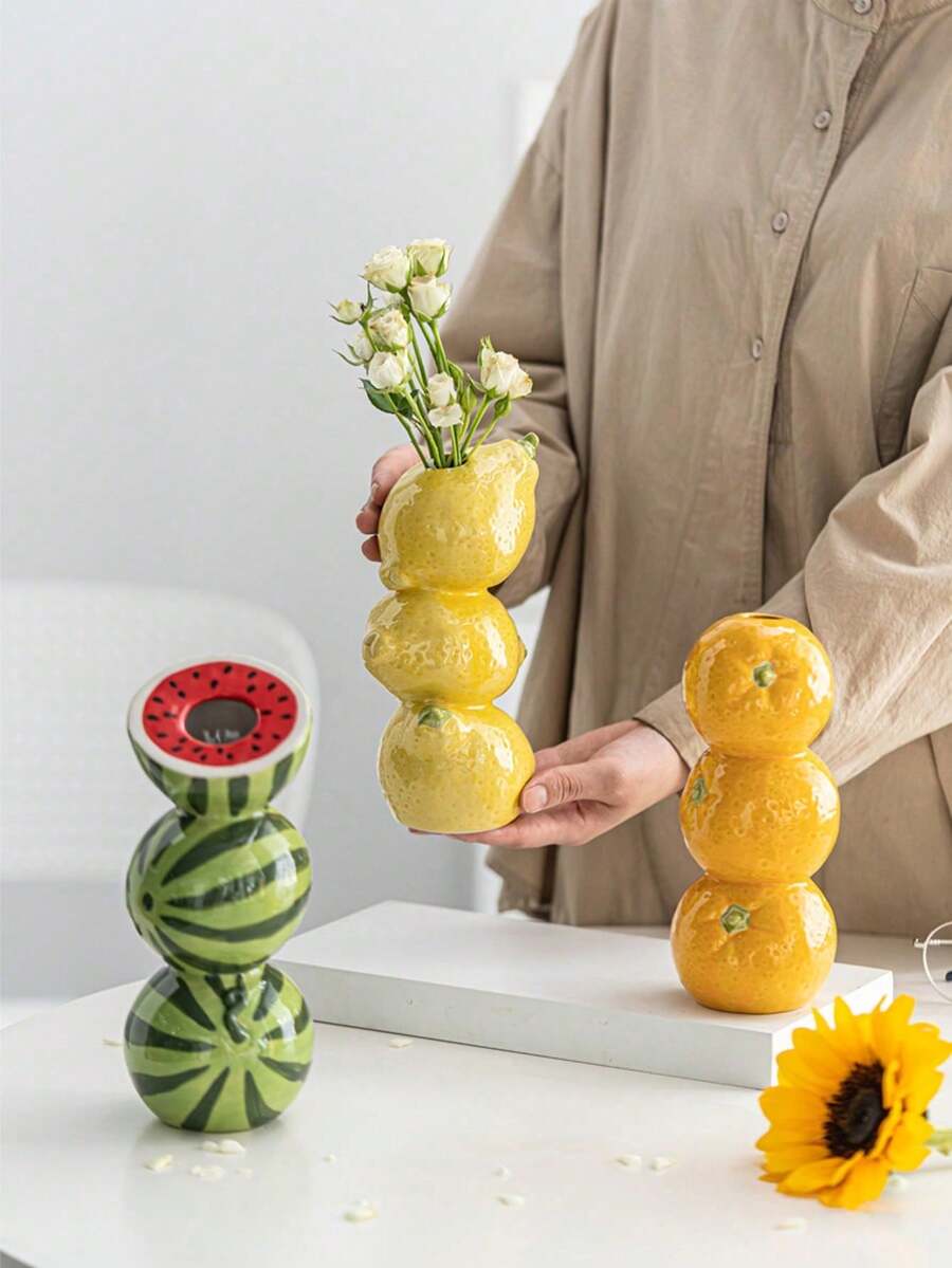 1 buah Vas Lemon Dekoratif, Vas Bunga Keramik Mulut Kecil dengan Desain Buah Kreatif untuk Ruang Tamu, Dekorasi Meja Elegan, Dekorasi Rumah, Dekorasi Ruangan, Vas Kaca - MultiWarna - View 1