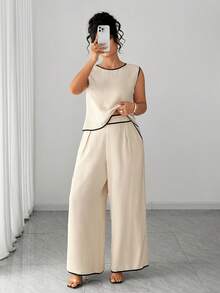 Elenzga Damen Große Größen Sommer Neu Beige Kontrastbesatz Ärmellos Rückenfreie Krawatte Weste und Weite Bein Hose Lässig Komfortabel Minimalistisch Zweiteiler. Geeignet für Alltag Lässig, Pendeln, Urlaub/Ausflug, Zuhause, Dating - Aprikosenfarben - Übersicht 2