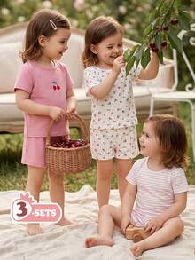 SHEIN Vintaside Kids 6件套女婴新生儿幼儿0-3岁春夏新款可爱兔子纯色条纹T恤短裤套装 - 粉色 - 查看 5