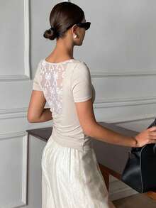 DAZY Camiseta interior elegante de manga corta, cuello redondo y ajuste ceñido con encaje de contraste para mujer, primavera/otoño - Gris - Ver 1