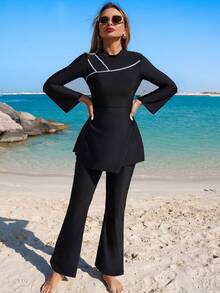 Swim Mulvari Women's Elegant 2 Pieces Set: Flare Sleeve Black & White Burkini Dress With Pants, Long Sleeve - Black - View 5