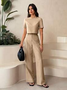 SHEIN Tall Áo croptop trơn và quần ống rộng dành cho nữ. - Màu be - Xem 7