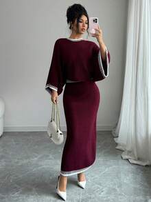 Elenzga 两件套：优雅通勤酒红色圆领插肩袖直筒半身针织衫，春夏款 - 酒紅色 - 查看 4
