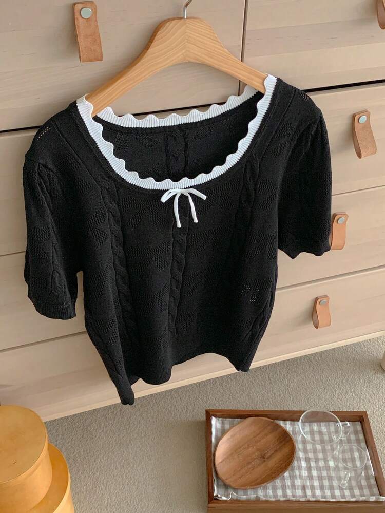 Women's Contrast Color Block Bow Collar Textured Embroidered Short Sleeve Casual Knit Top