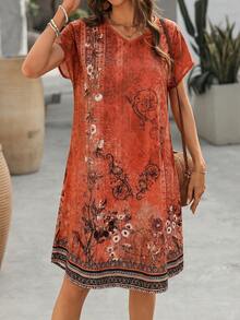EMERY ROSE Women's Summer Short-Sleeved Dress With Geometric Pattern Print Loose Women Vacation Boho Casual Dress,Spring Dresses For - Orange - View 4