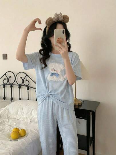 2pcs Women Summer Cute Cartoon 3D Dog Print Striped Round Neck Short Sleeve Loose Casual Pajama Set