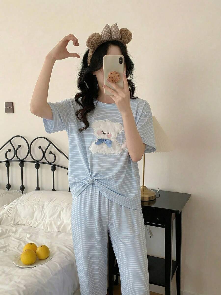 2件套女士夏季可爱卡通3D狗狗印花条纹圆领短袖宽松休闲睡衣套装 - 藍色 - 查看 1