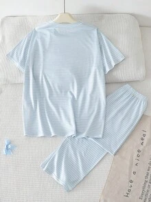 2pcs Women Summer Cute Cartoon 3D Dog Print Striped Round Neck Short Sleeve Loose Casual Pajama Set - Blue - View 2