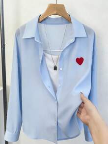 SHEIN Franclia Women's Loose Blue Heart Embroidered Long Sleeve Shirt, Suitable For Spring/Summer - Blue - View 6