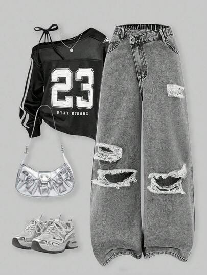 SHEIN ChillGRL 少女牛仔裤，Y2K 复古风，休闲舒适，不对称腰线设计，宽松版型，适合户外、上学、派对、返校季等多种场合，2025 新款系列