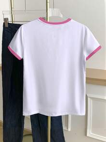 Franclia Women's Bow Print Color Block Round Neck Short Sleeve T-Shirt - White - View 2