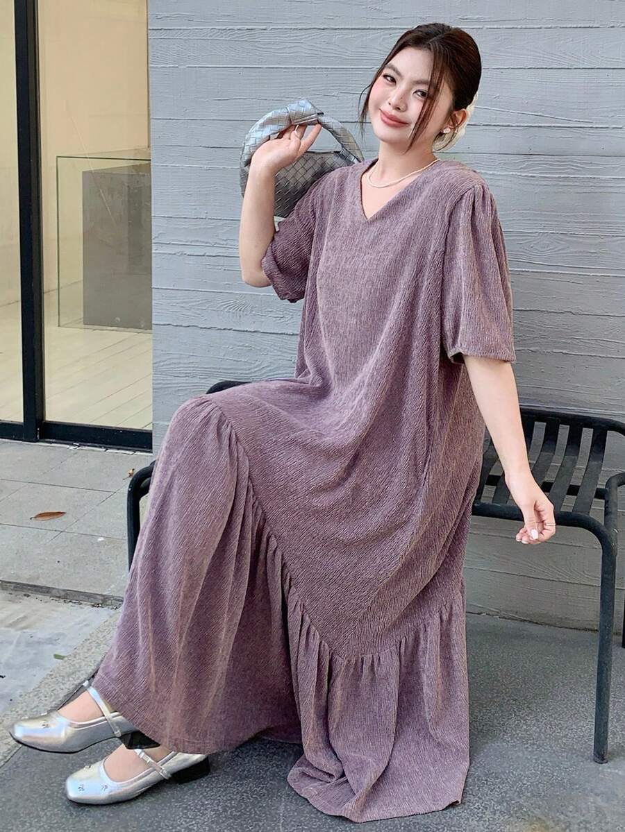 Dazy Plus Purple V-Neck Short Sleeve Loose Casual Long Dress, Spring/Summer - Purple - View 1