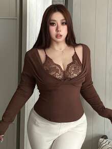 REIGN AVE Plus Size Fitted Solid Color Contrast Lace Cropped Long Sleeve Versatile T-Shirt Going Out Tops Women - Brown - View 7