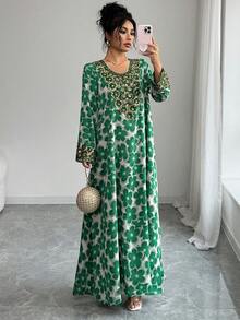 Al Najma 女士优雅圆领长袖阿拉伯风格连衣裙 - 綠色 - 查看 4