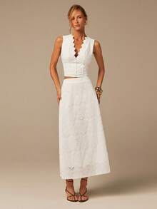 COSMINA 2件套女士优雅波西米亚风柔软百搭半身裙，适合度假、约会、情人节、工作场合，纯色雪纺半身裙，白色长裙，女士长款半身裙，蕾丝长款半身裙，夏季长裙，半身裙 - 白色 - 查看 3