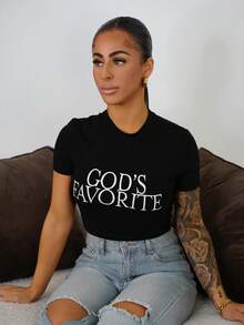 SAYEHFBABY Women Simple Printed Crop Top Slim Fit T-Shirt GOD'S FAVORITE Graphic Tees Women Tops - Black - View 5