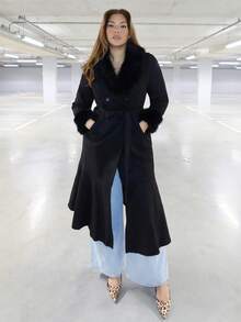 MelDlgn Plus Size Solid Color Mermaid Overcoat, Autumn/Winter - Black - View 2