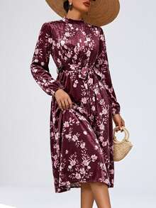 Aveloria Modichic Đầm dài tay in hoa dành cho nữ, trang phục đi nghỉ mát. - màu đỏ đậm - Xem 6