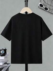 春夏男童休闲创意个性清新高端简约爱心卡通手势太阳镜标语印花宽松基础款短袖T恤，舒适日常穿着，适合春、夏、秋季、情人节氛围，上衣 - 黑色 - 查看 2