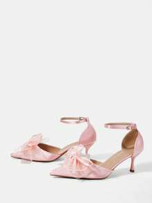 CUCCOO HITCHD 四季新款蕾丝蝴蝶结尖头高跟鞋优雅气质时尚浑力吉缎面女式高跟鞋踝带鞋优雅气质时尚婚礼情人节茶歇优雅穿搭情人节 - 淺粉色絲 - 查看 3