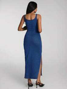 SHEIN BAE 女士优雅日常通勤方领高开衩修身牛仔连衣裙，夏季 - 中等水洗藍 - 查看 2