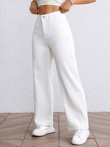 SHEIN EZwear 大码女式春季白色无弹力修身直筒裤 - 白色 - 查看 6
