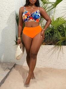 Slaydiva Plus Size Women 2pcs Tropical Print Bikini Set, Casual Beach Holiday Swimwear - Multicolor - View 6