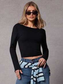 Hauture Women's Solid Color Backless Sexy Long Sleeve T-Shirt - Black - View 2