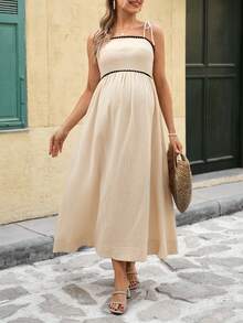 SHEIN Pregnant Women's Elegant Vacation Style Shell Trim Camisole Dress - Apricot - View 3