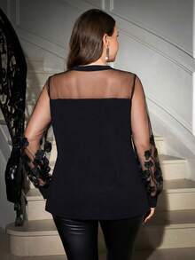 Reflora Áo kiểu nữ cỡ lớn thanh lịch, thêu hoa, phối lưới, thích hợp cho công sở. - màu đen - Xem 6