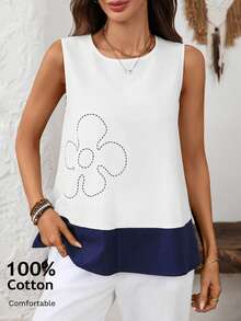 EMERY ROSE 女士印花撞色圆领休闲宽松背心 - 白色 - 查看 5