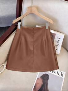 Franclia Chân váy da nữ thời trang, thanh lịch, đa năng, bất đối xứng, trang trí khóa kim loại. - Màu nâu  Mocha - Xem 2