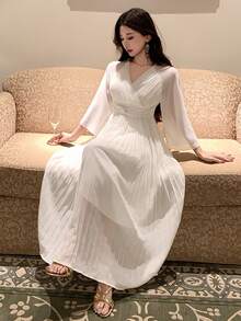 DAZY Women's V-Neck Ruched Waist Midi Dress, Elegant Sundress - Beige - View 5
