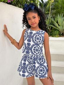 Tween Girls' Casual Sleeveless Printed Top And Shorts Set - Blue and White - View 4