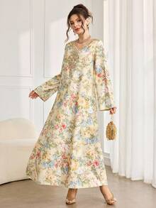 Al Najma 女士复古花卉刺绣V领优雅印花长袖连衣裙，适合日常外出和阿拉伯风格。 - 彩色 - 查看 6