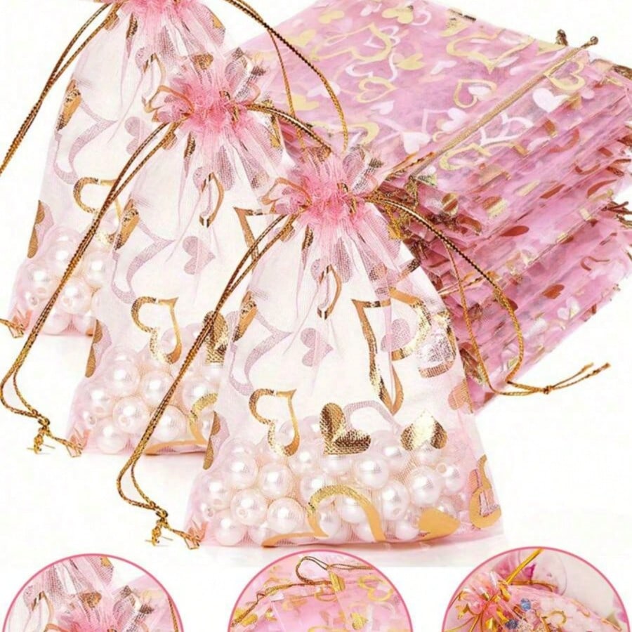 Pink Hollow Heart Mesh Bag