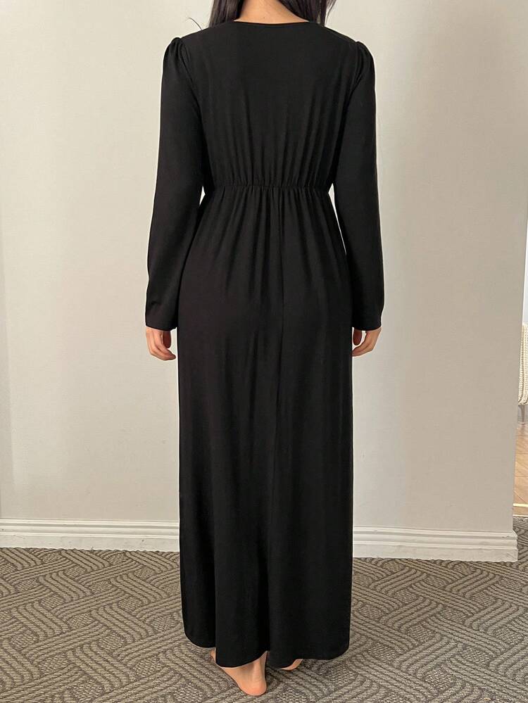 Solid Color Comfortable Knit Waist-Cinched Long Dress Loungewear For Women