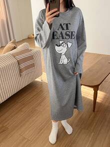 DAZY Loose Long Sleeve Long Dog Print Nightgown, Women Autumn Sleepwear Dress - Grey - View 5