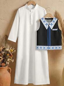 SHEIN 2件套男童经典阿拉伯传统长袍+背心，传统图案印花 - 彩色 - 查看 3