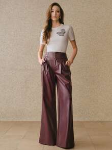 Savoree Fashionable High Waist Wide Leg Loose Fit Flared Pants With Custom Buckle Belt, PU Leather, Autumn/Winter - Burgundy - View 7
