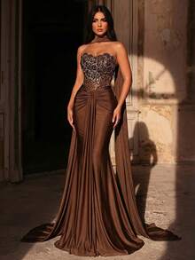 Glamrae Elegant Luxurious Beaded Bubble Floral Sequin Patchwork Elastic Knit Swimsuit Fabric Ruched Mermaid Skirt, Suitable For Weddings, Parties, Vacations, Galas, Evening Dresses (Heavy-Duty) - Brown - View 8