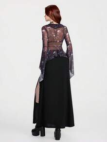 Women's Gothic Style Sexy Mesh Rose Skull Print Patchwork Frill Trim Asymmetrical Hem Button Up Cropped Cardigan Top Gothic Summer Clothes Witchy Top Sheer Black Top Gothic Women Clothes Gothic Top Gothic Blouse Sheer Tops For Women Gothic Clothing For Women Blouses For Women - Black - View 2