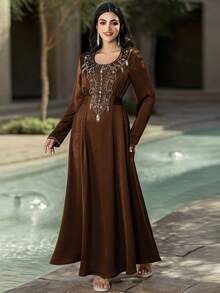 Layrah Coffee Brown Satin Handmade Beaded Embellished Arabic Style Maxi Dress