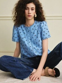 Écloséra 新款女士时尚优雅混纺蕾丝格纹面料，饰以纹理刺绣和泡泡袖短袖上衣，春夏百搭上衣，女士外出衬衫，春季女装，夏季女装，度假休闲衬衫，蓝色上衣 - 藍色 - 查看 4