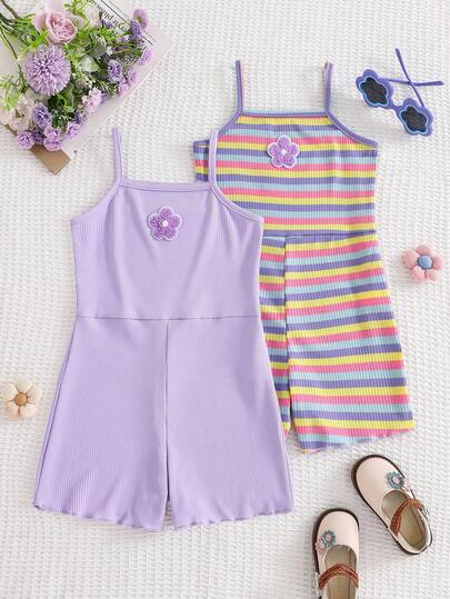 SHEIN Genkimix Kids 2pcs/Set Spring/Summer New Casual Cute Colorful Striped Car & Floral Embroidery Camisole Top Paired With Purple Ribbed Splice Jumpsuit